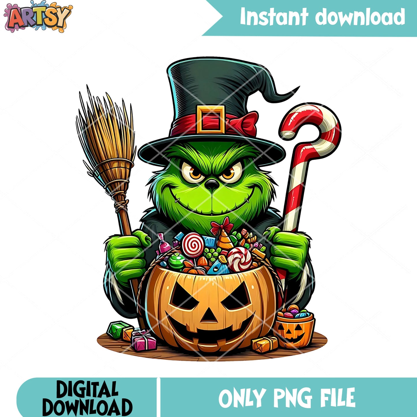 Spooky grinch witch broom png, witch hat png, cute halloween png