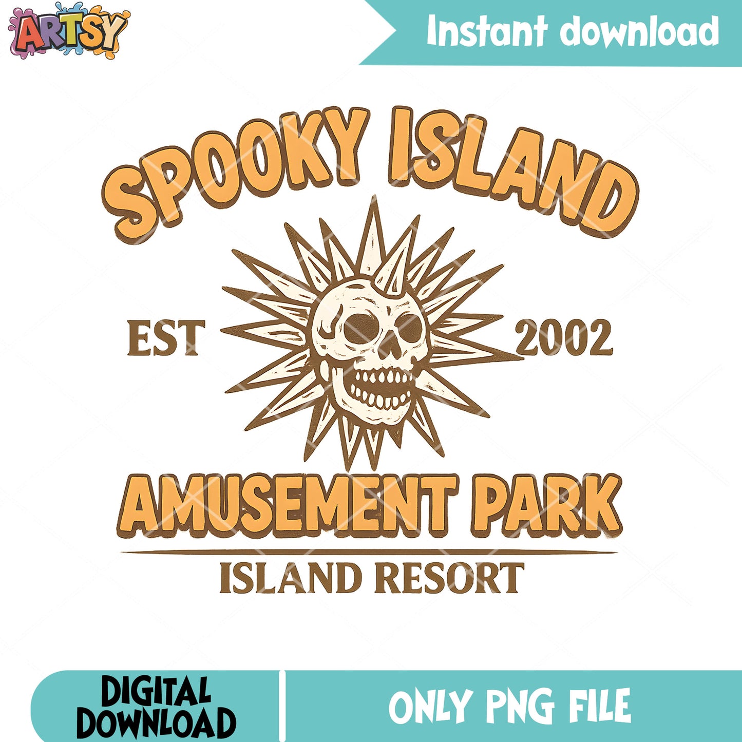 Spooky island skull est 2002 png, island resort png, amusement park png