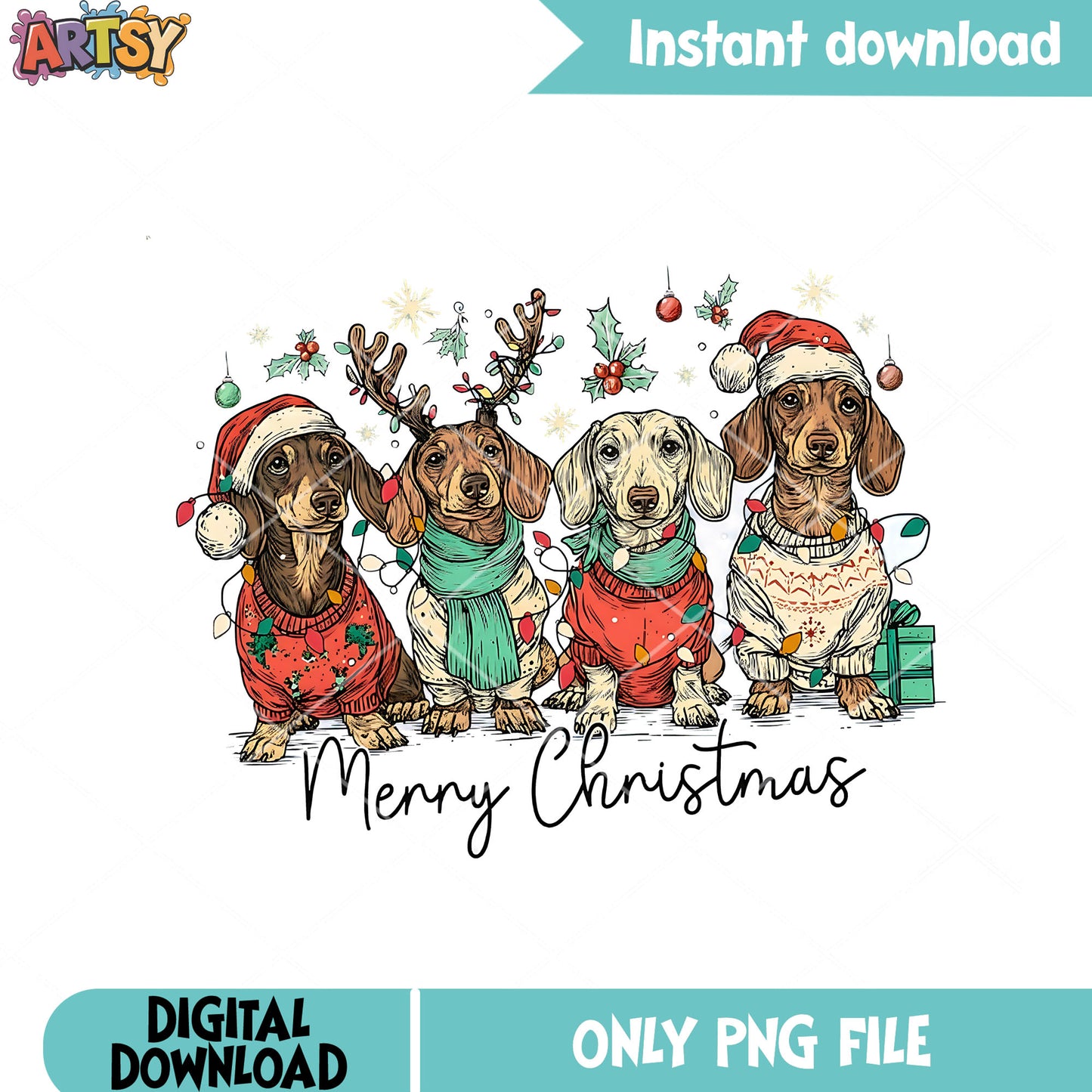 Squad of hotdog christmas png, santa hat png, christmas gifts png
