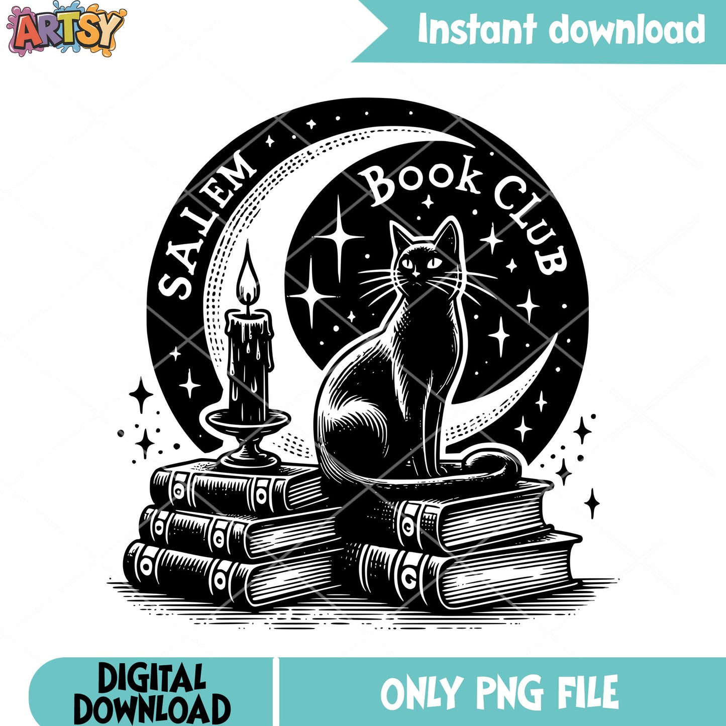 Stary night behind black cat png, magic book png, witch halloween png