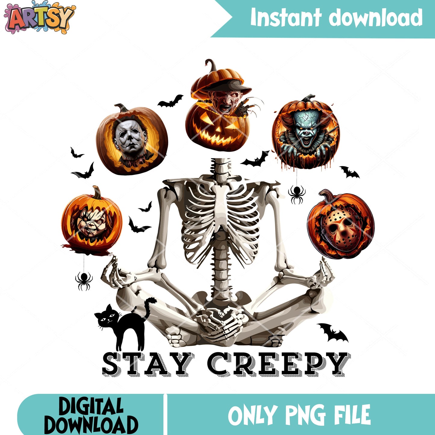 Stay creepy black cat png, skeleton costume png, halloween scary png