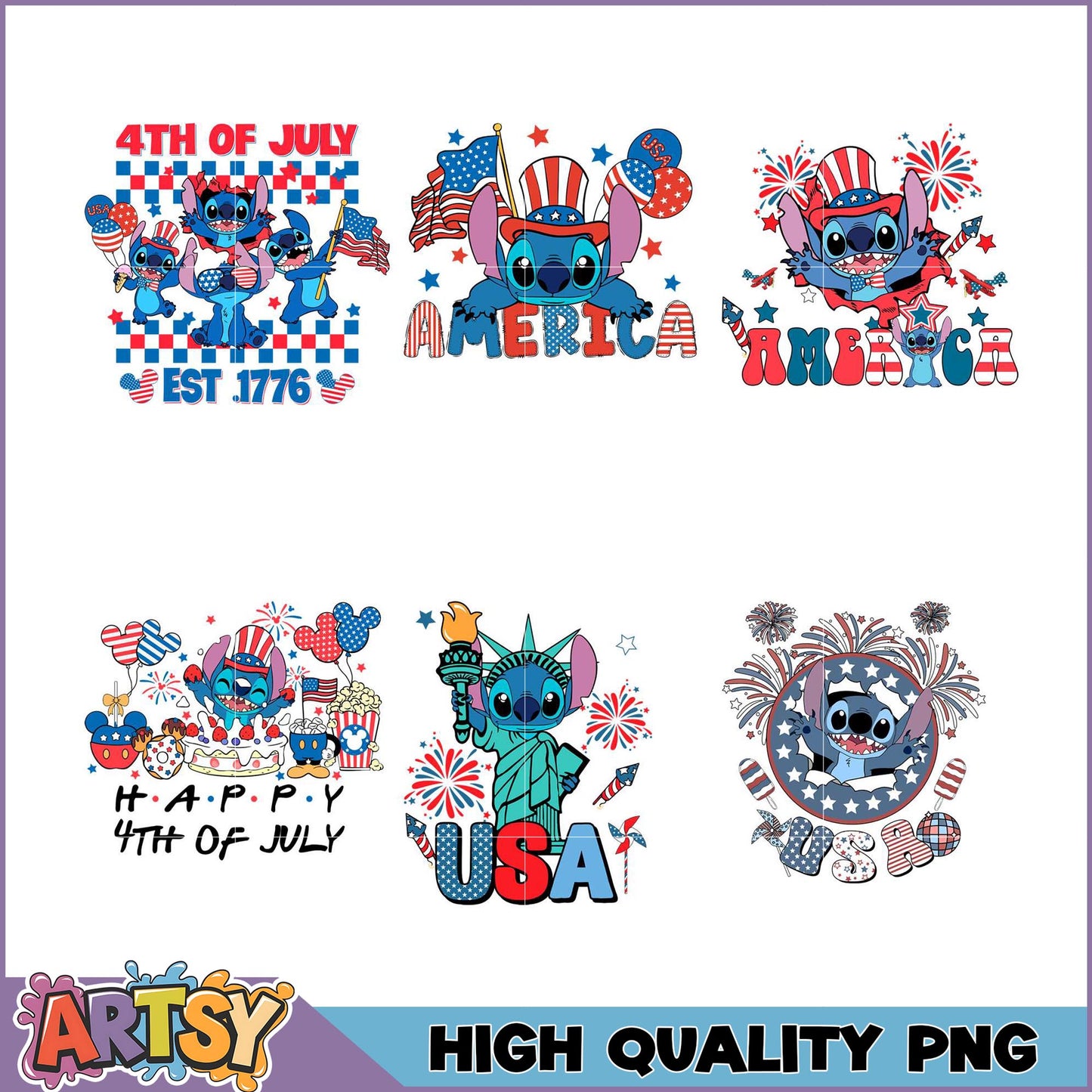 Stitch 4th of July PNG Bundle High Quality Designs