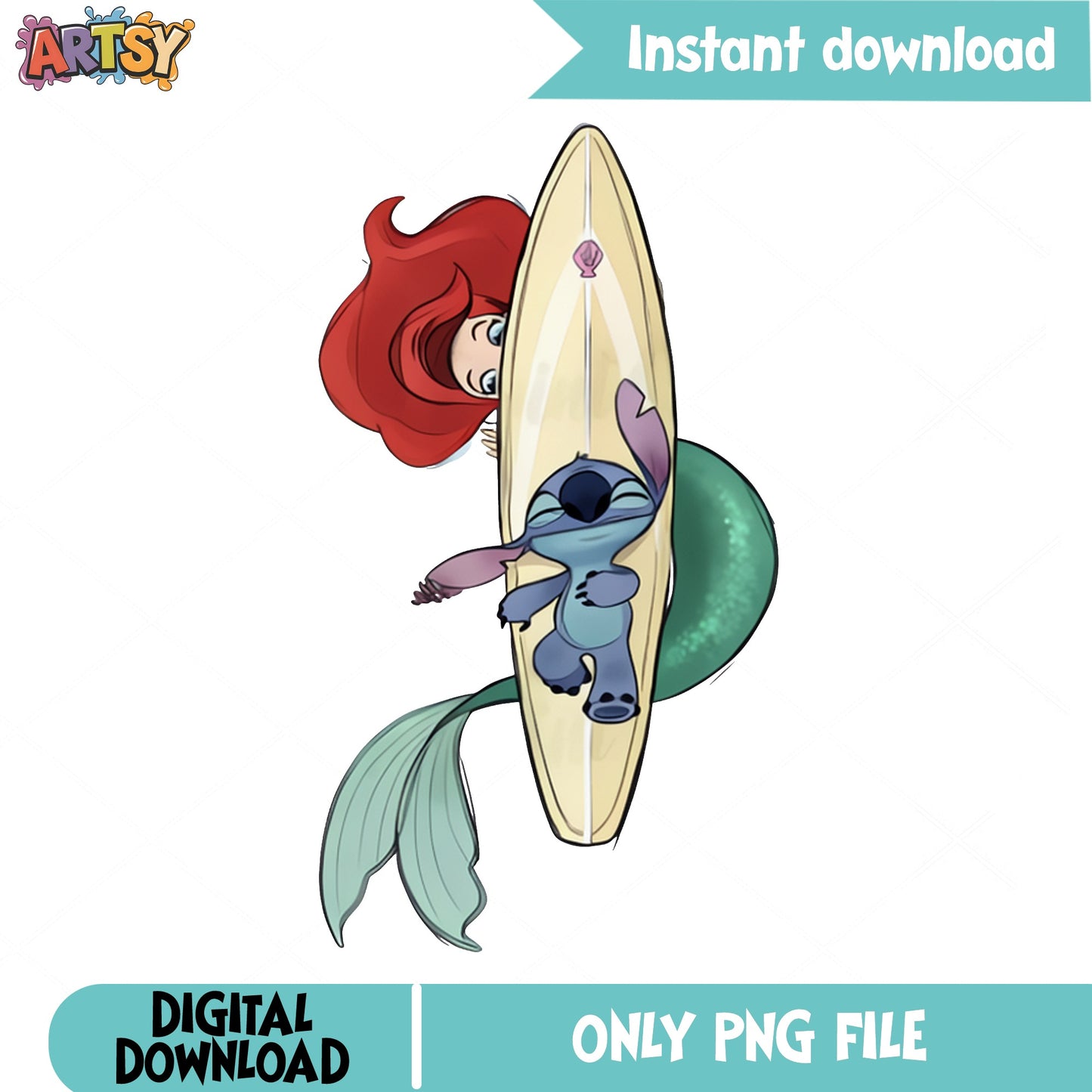 Stitch And Ariel Surfing PNG, Little Mermaid PNG, Disney PNG