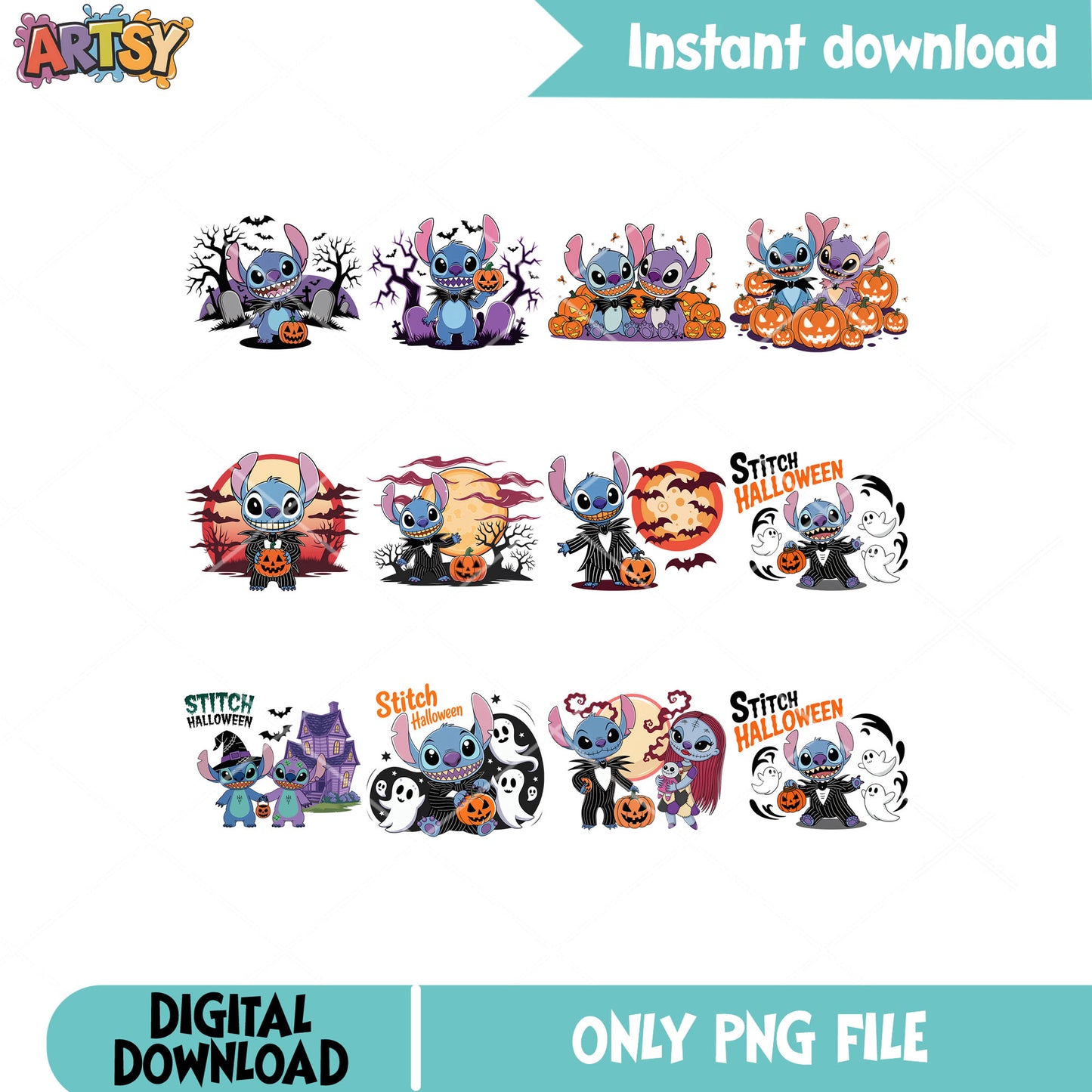 Stitch nightmare pumpkin png bundle, stitch halloween png, halloween nightmare png
