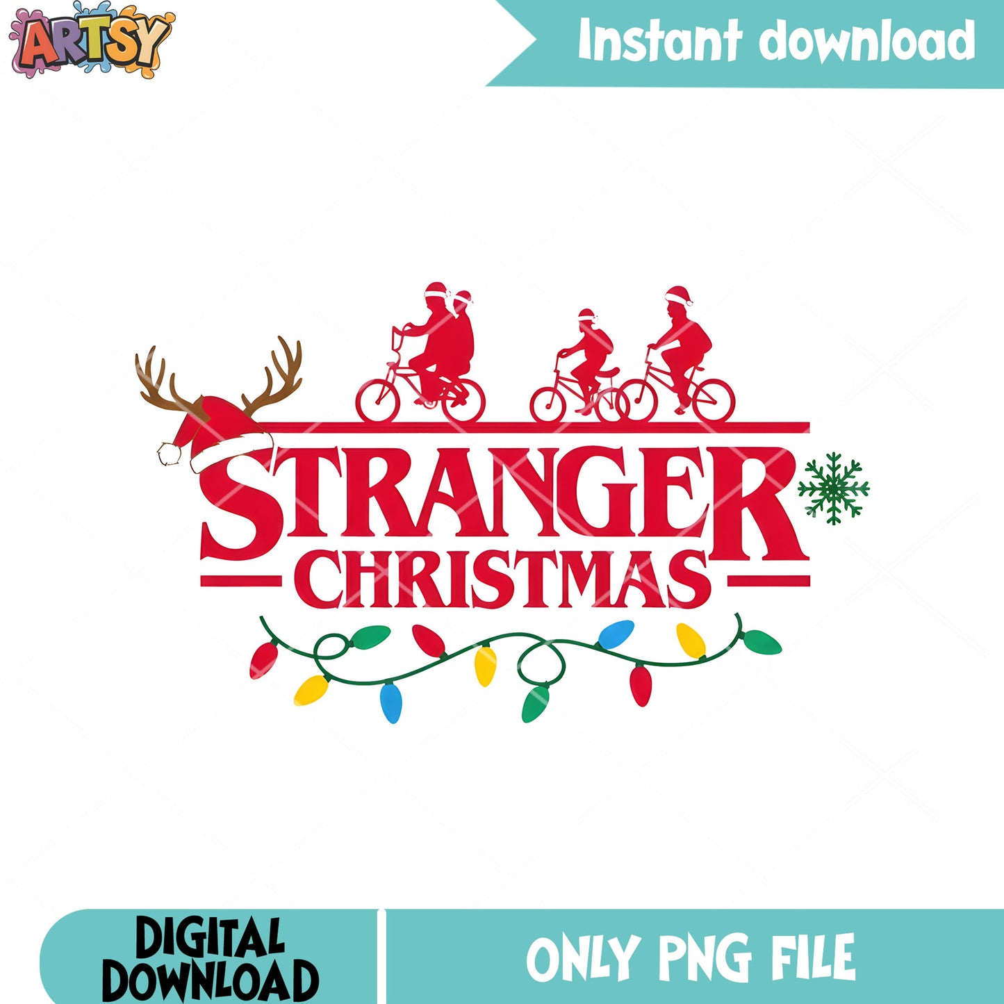 Stranger things christmas png, decoration lights png, reindeer png