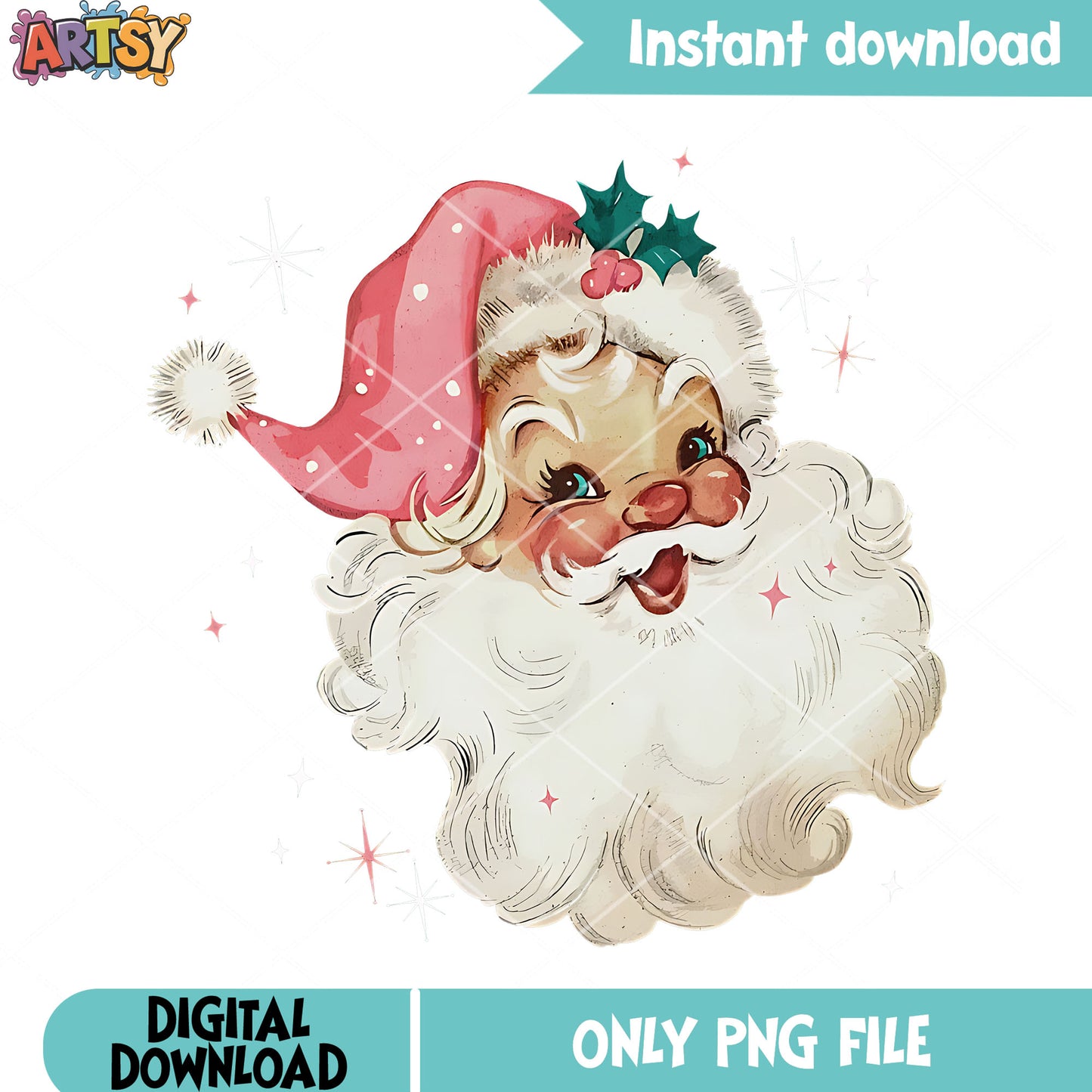 Sublimation vintage cute png, santa vintage png, holly hat pink png