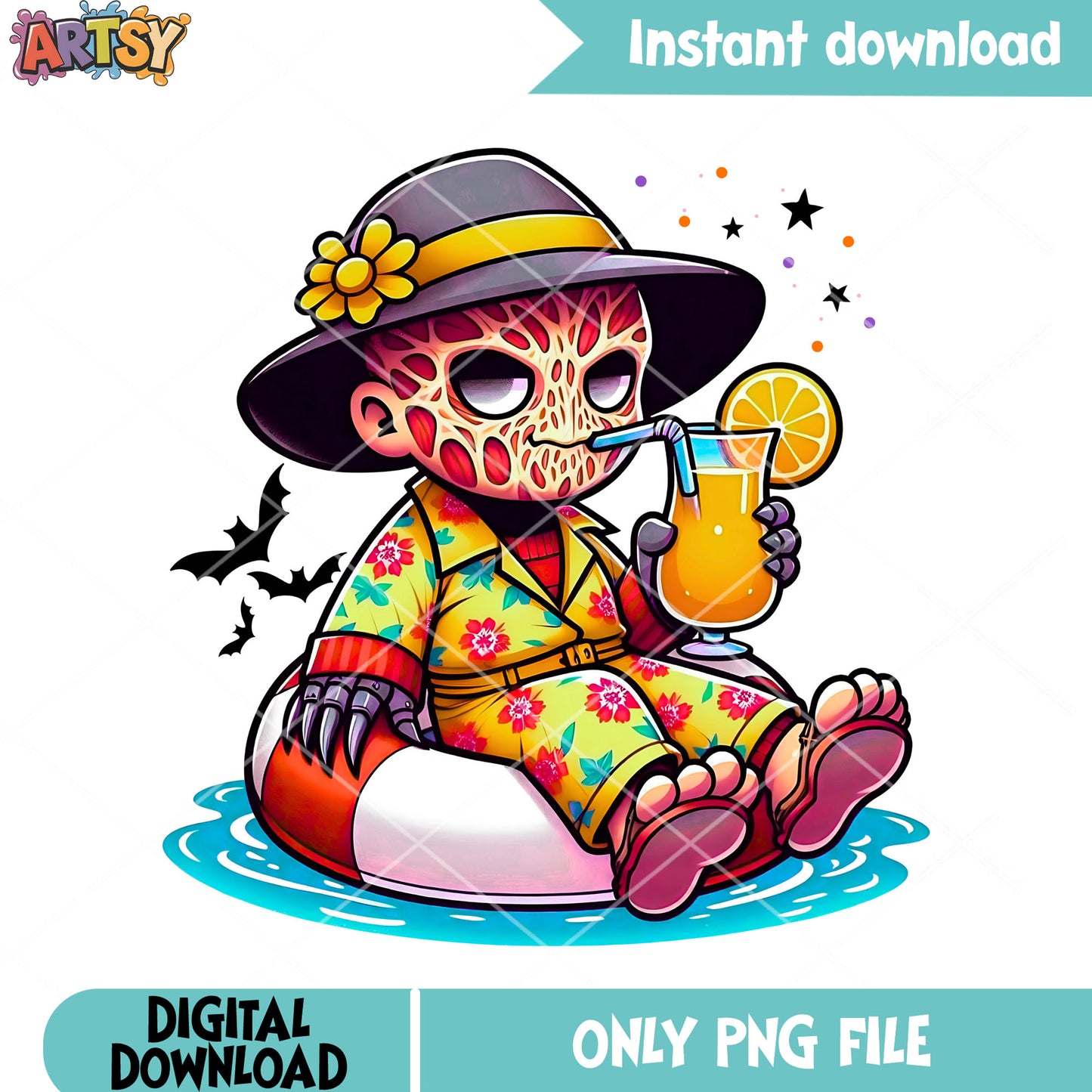 Summer freddy krueger png, cute halloween costume png, scary bats png