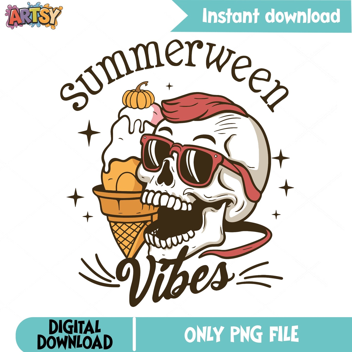 Summerween Vibes Skull PNG, Halloween Summer PNG, Skeleton PNG