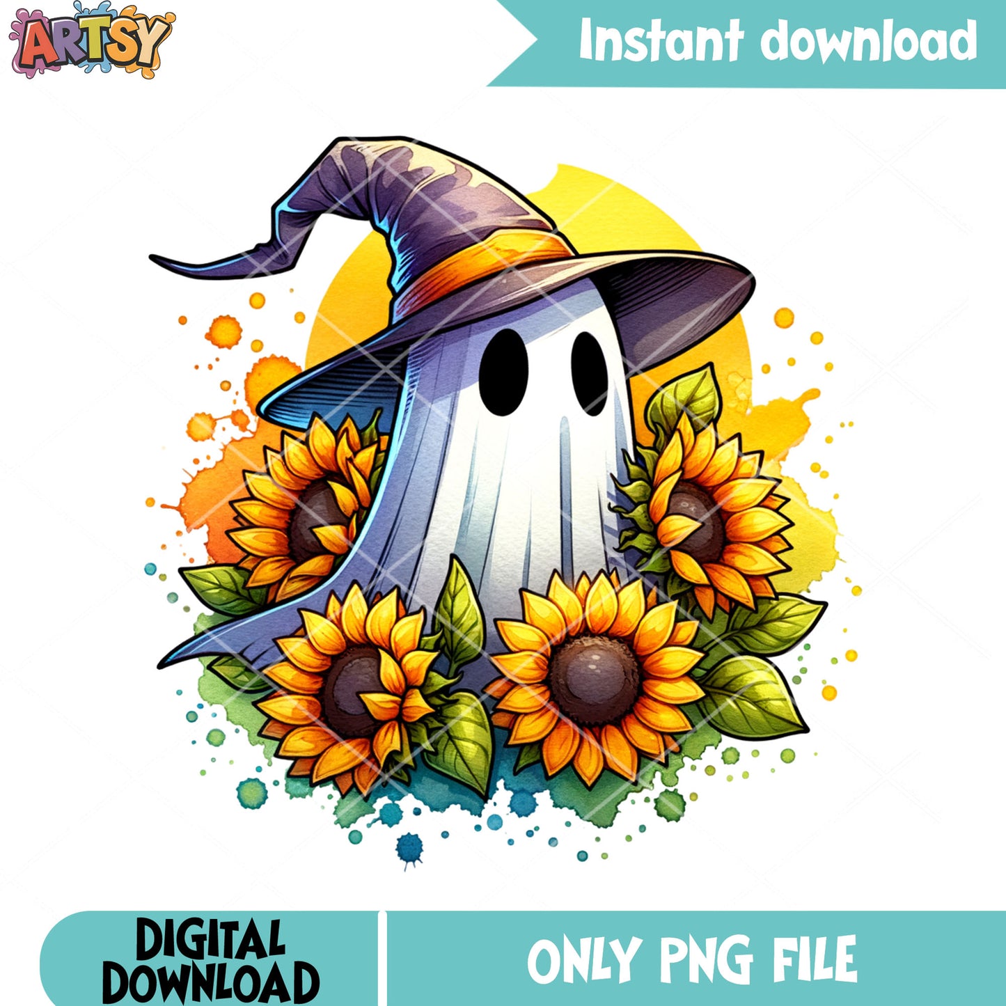 Sunflower ghost png, witches hat png, halloween scary png