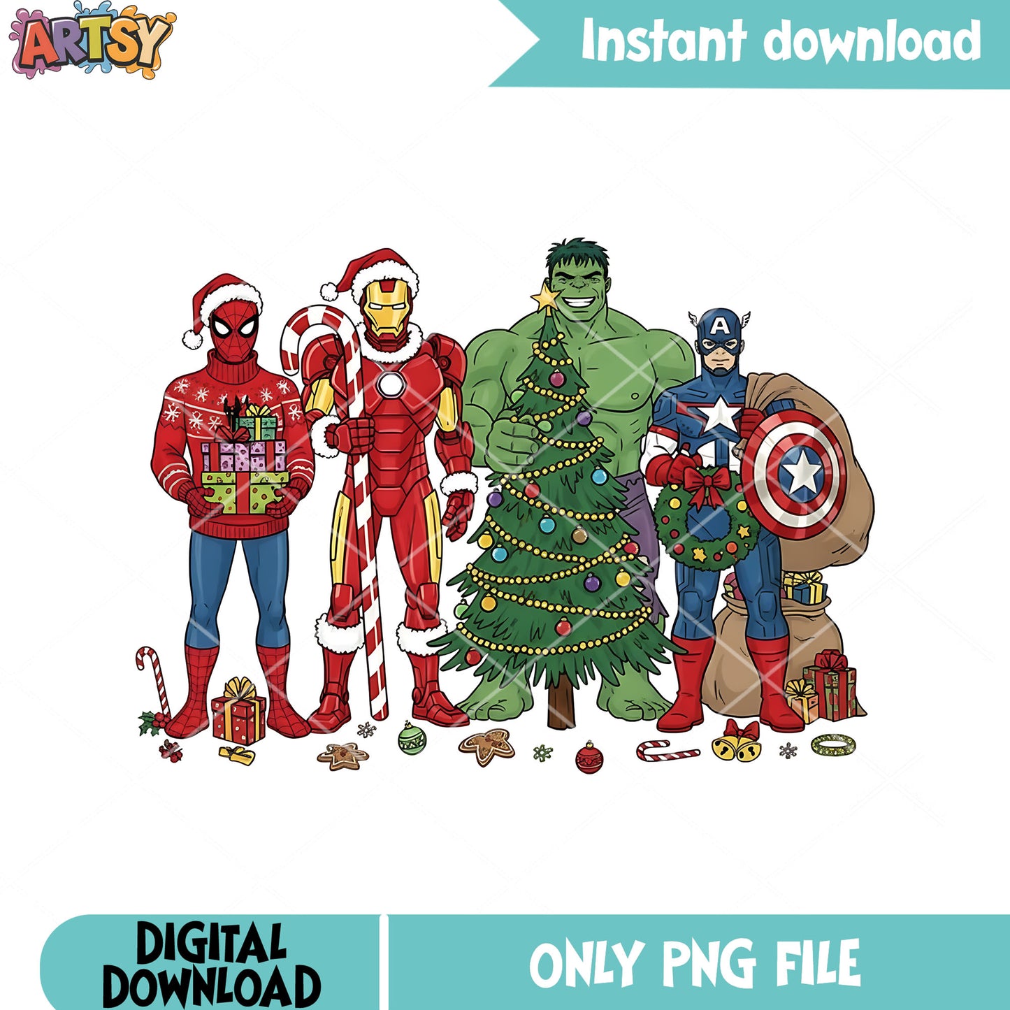Super hero noel costume png, marvel christmas png, christmas tree png