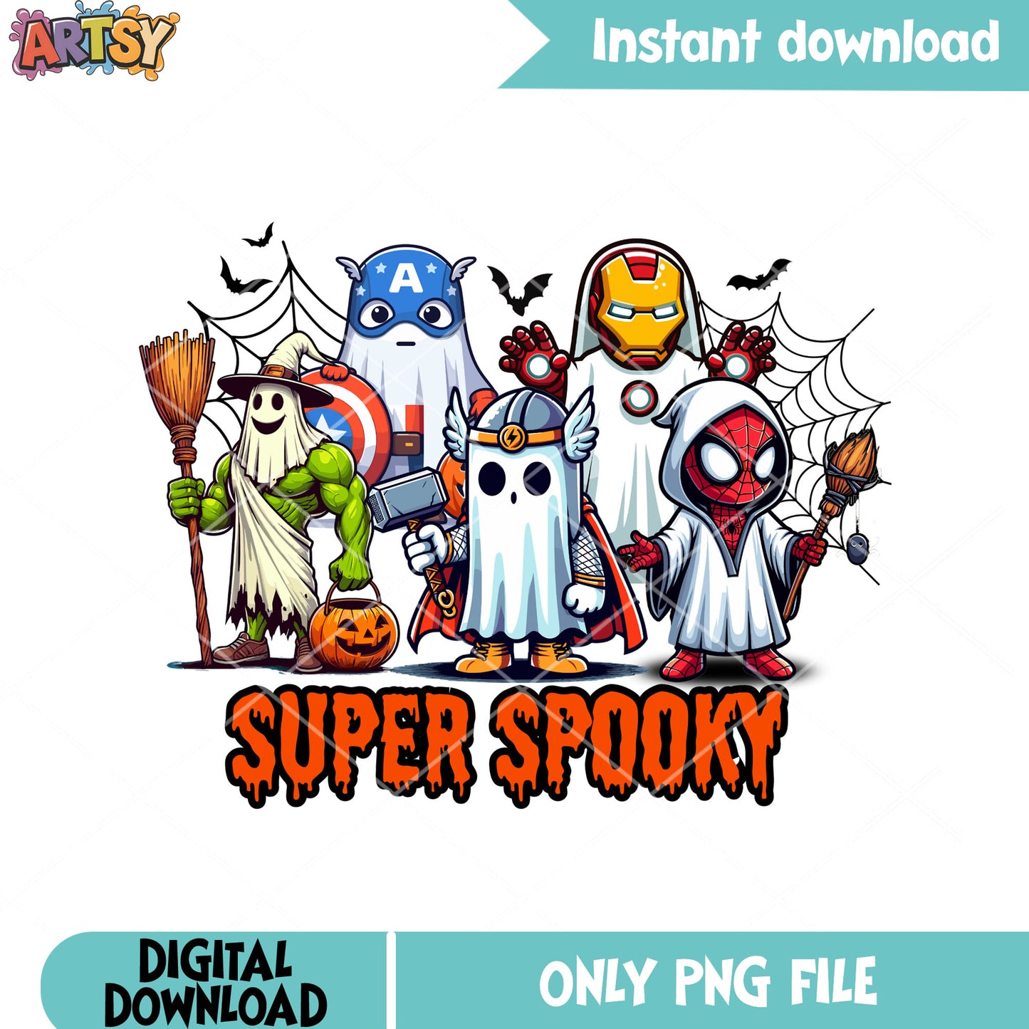 Super spooky scary bats png, spider web png, marvel halloween png