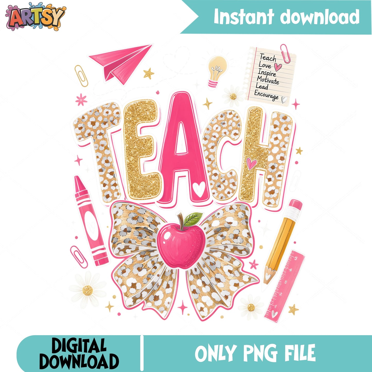Teach Leopard Bow Teacher PNG, Back To School PNG, Teacher Gift PNG