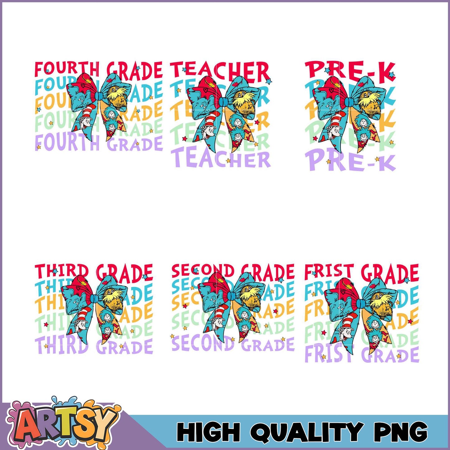 Teacher Bow PNG Bundle PreK-4th Grade Designs