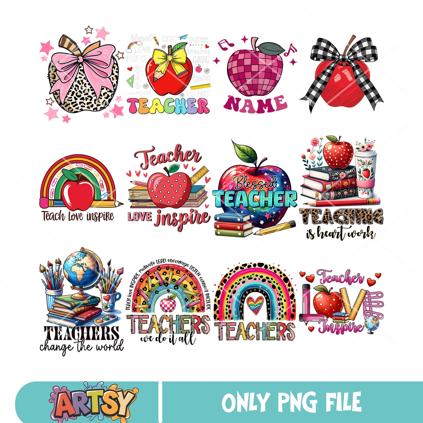 Teacher love inspire png bundle, teacher day png, teacher apples png