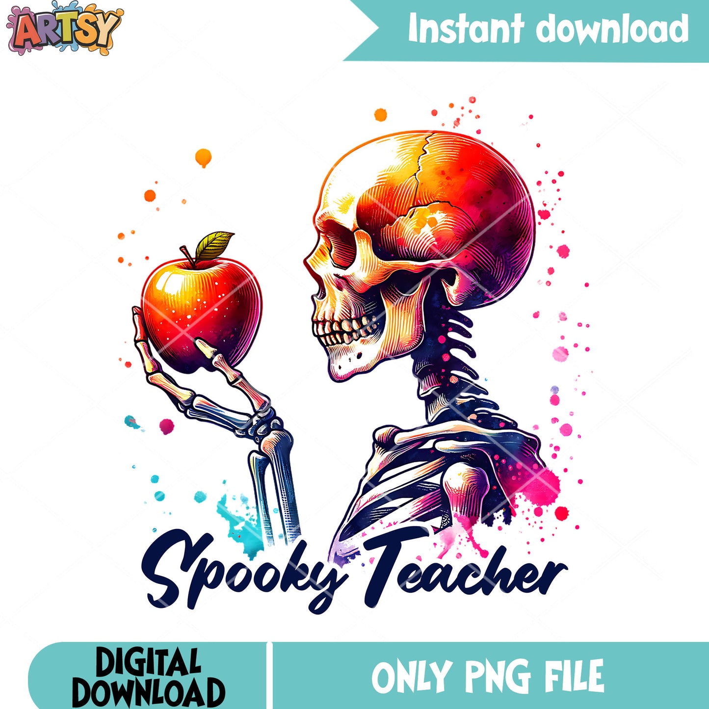 Teacher skeleton skull png, red apple png, scary halloween png