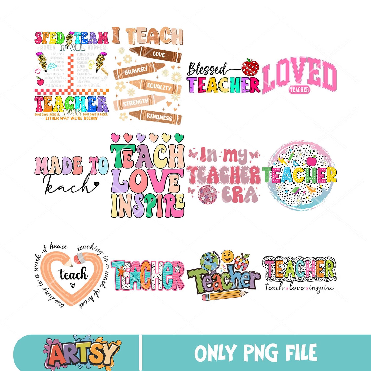 Teach love inspire png bundle, loved teach png, teach school png