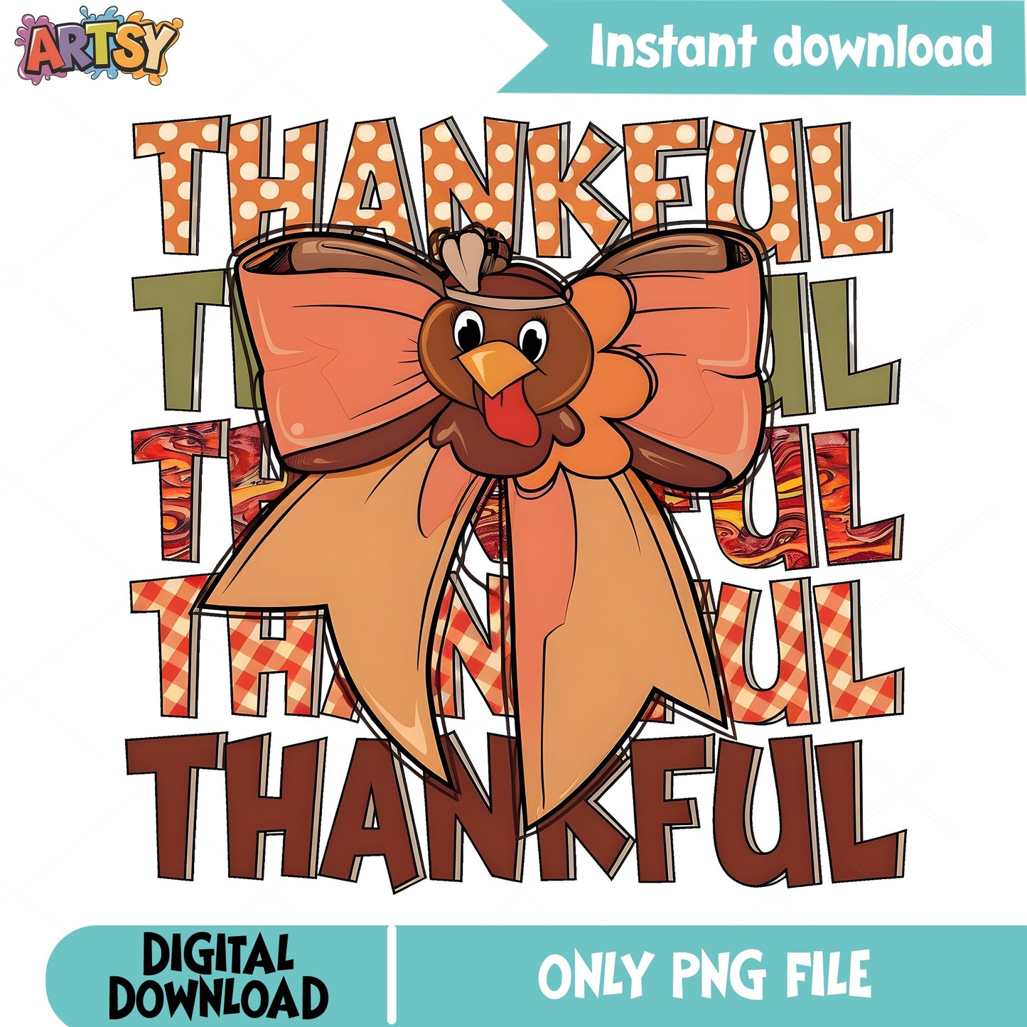 Thankful Turkey Bow PNG, Thanksgiving PNG, Fall Turkey PNG