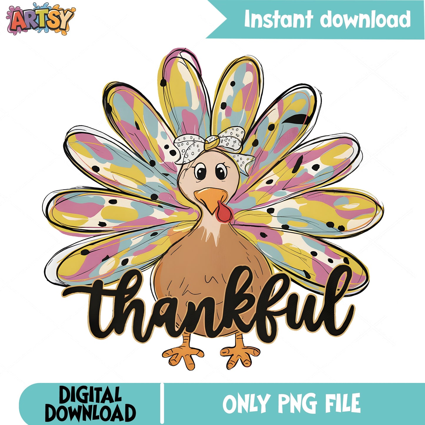 Thankful Turkey Thanksgiving PNG, Cute Turkey Girl PNG, Fall PNG