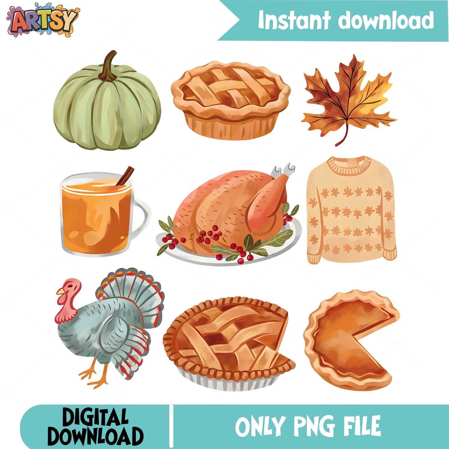 Thanksgiving PNG Bundle, Autumn Turkey Pumpkin Clipart, Fall PNG