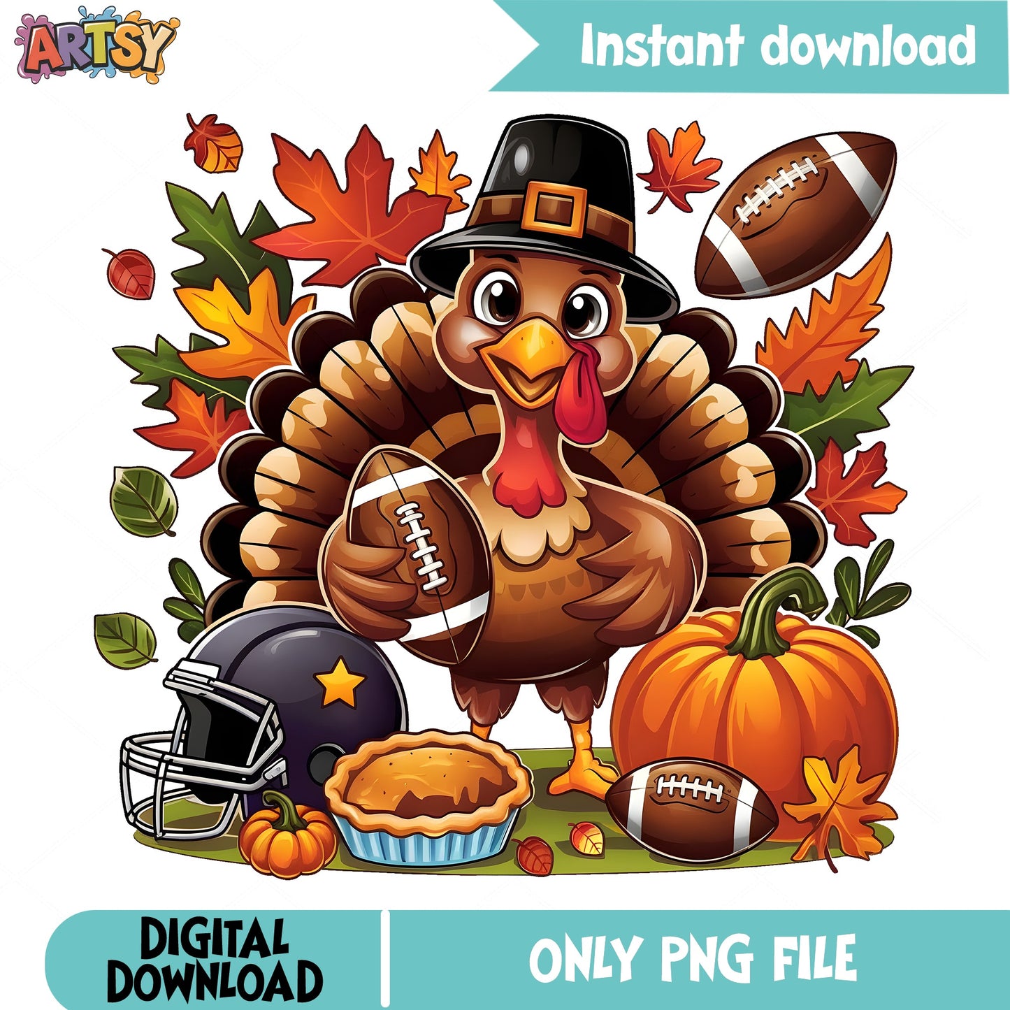Thanksgiving Turkey Football PNG, Fall Turkey Clipart, Thanksgiving PNG