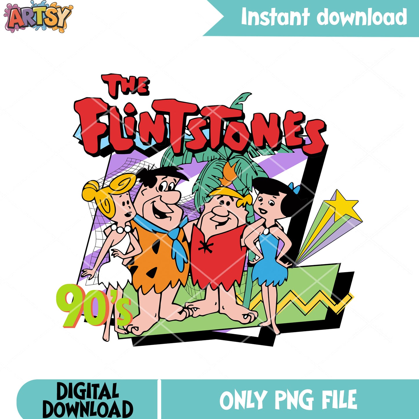 The Flintstone 90s retro cartoon family style png, classic cartoon png