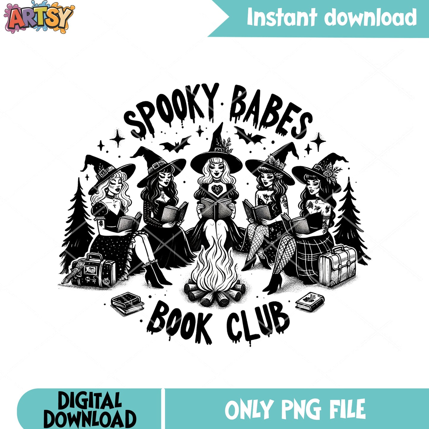 The camp fire book club png, witch costume png, scary halloween png