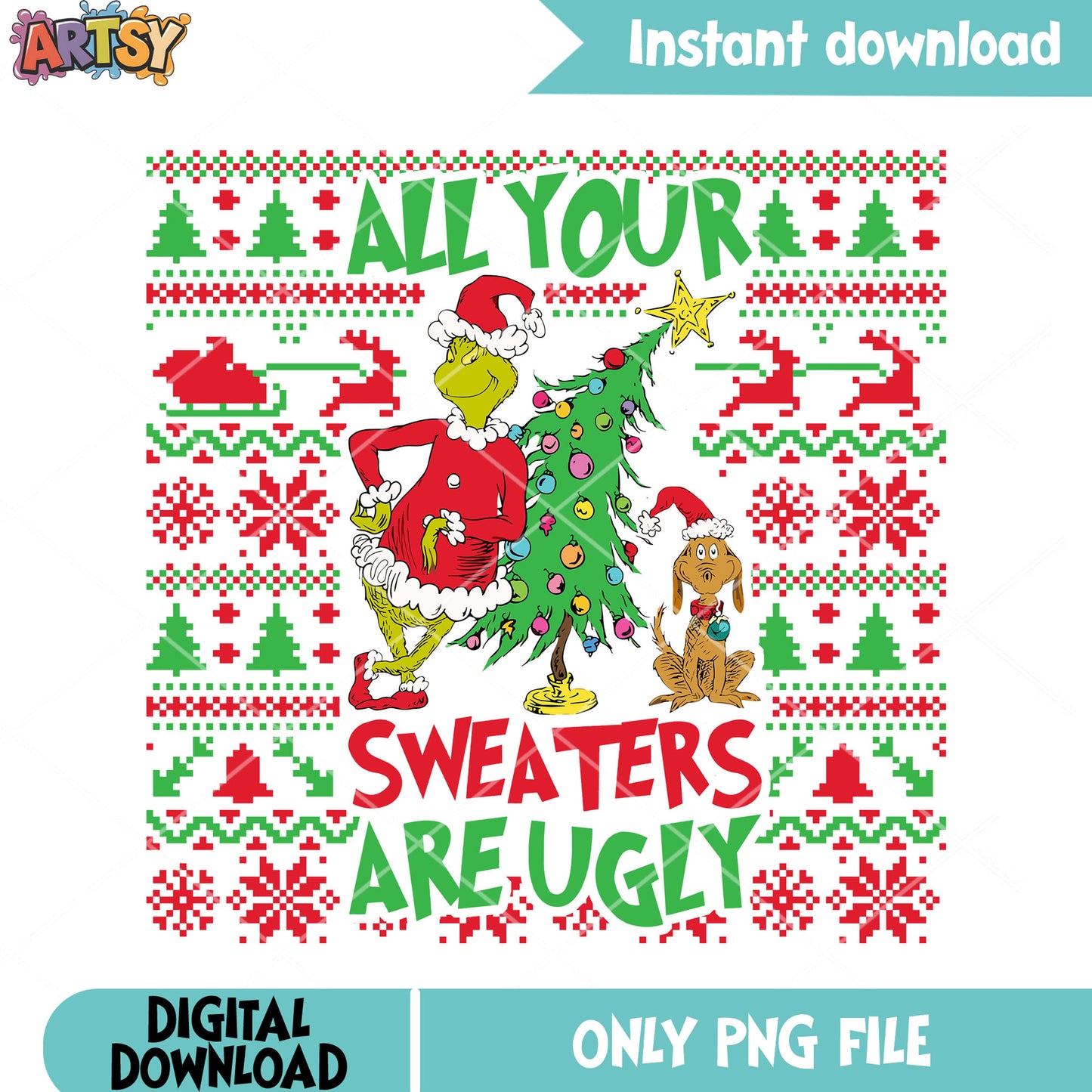 The christmas sweater ugly grinch png, christmas poster png, xmas png
