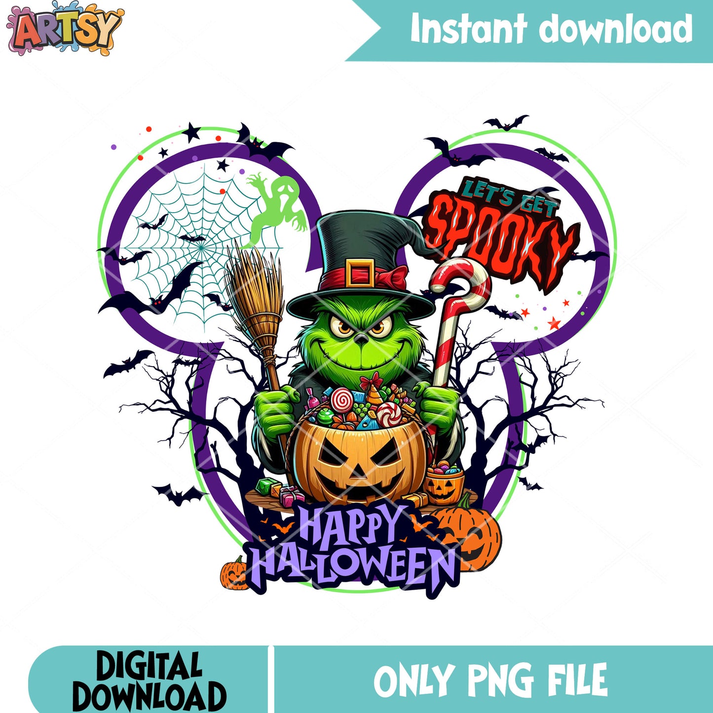 The grinch halloween png, jack o lantern png, spider web png