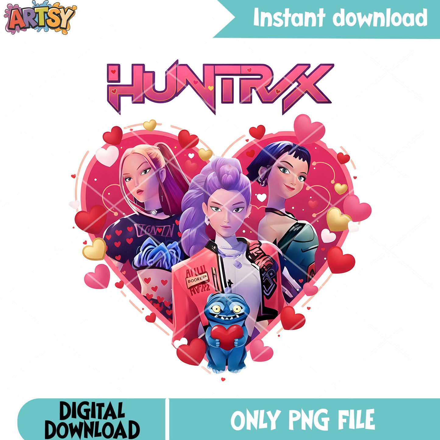 The huntrix girls valentines png, derpy tiger png, valentines poster png