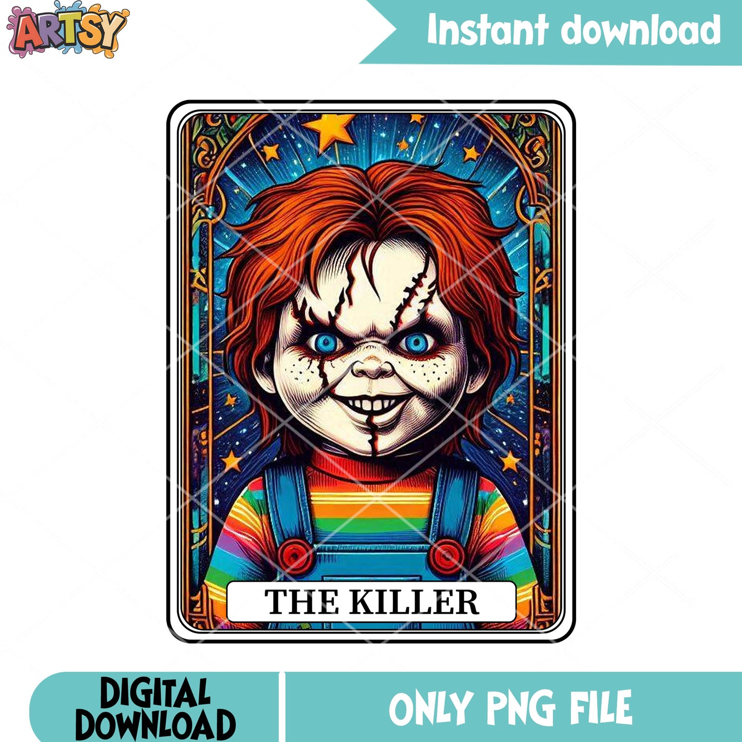 The killer chucky doll png, scared face png, scary halloween png