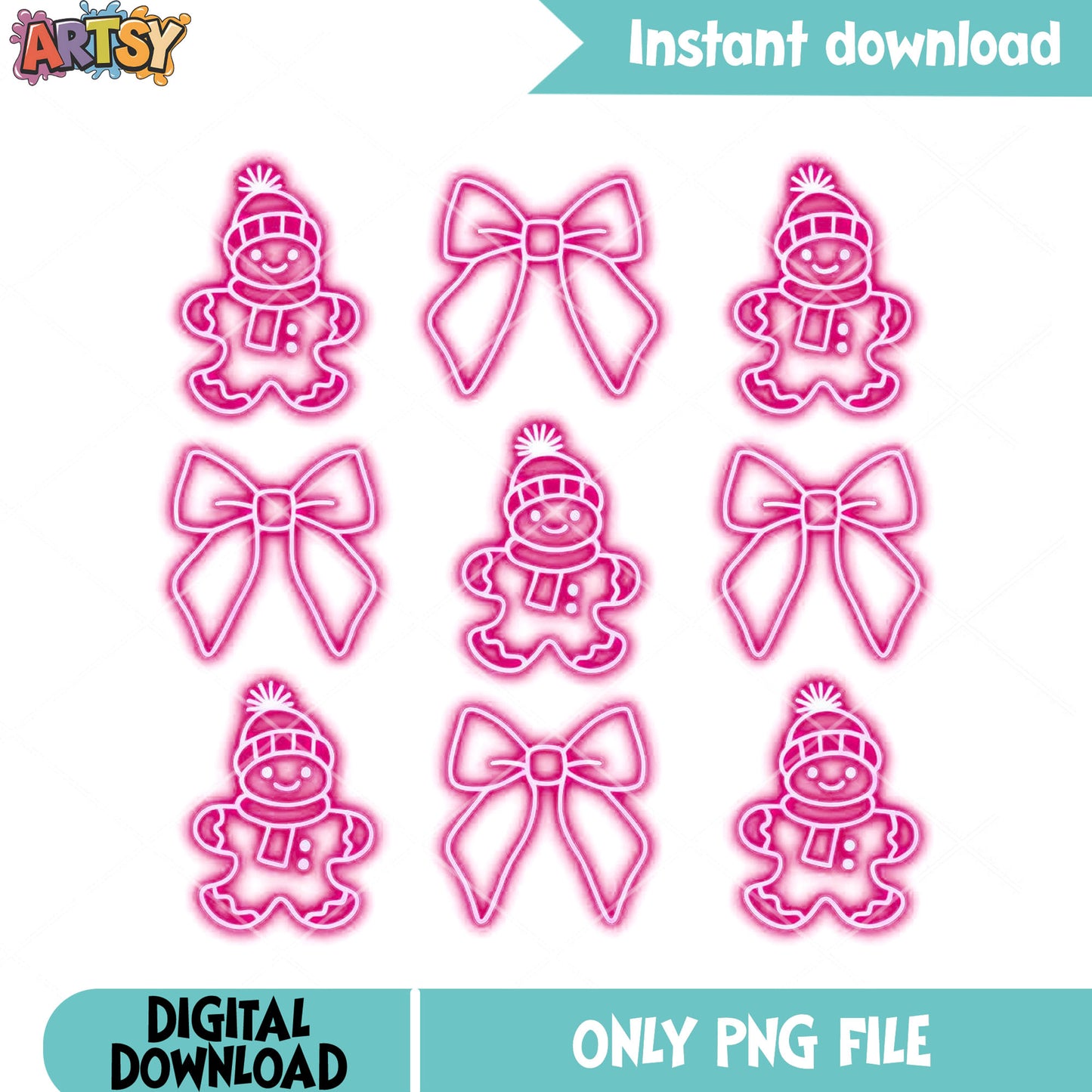 The pink neon christmas png, christmas bow png, christmas snowman png