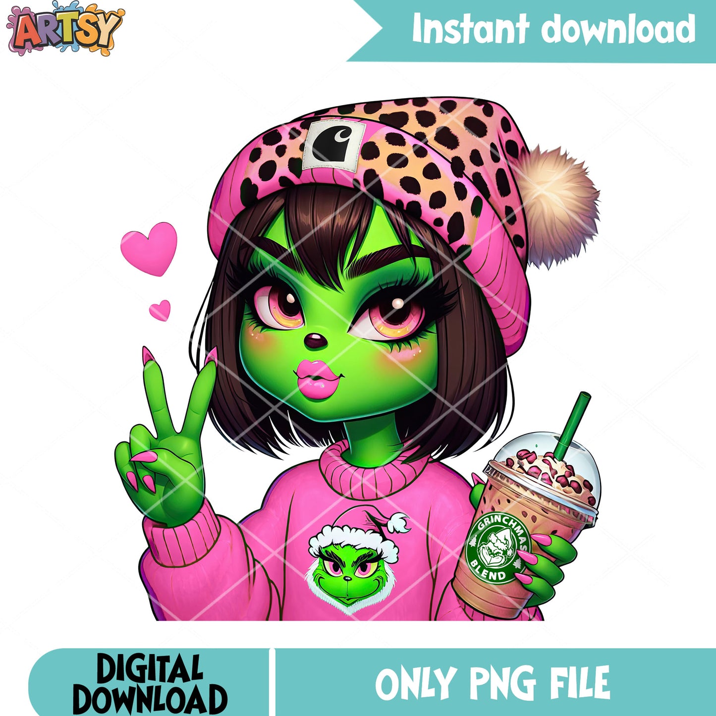 The pink sweater christmas png, christmas poster png, the grinch png