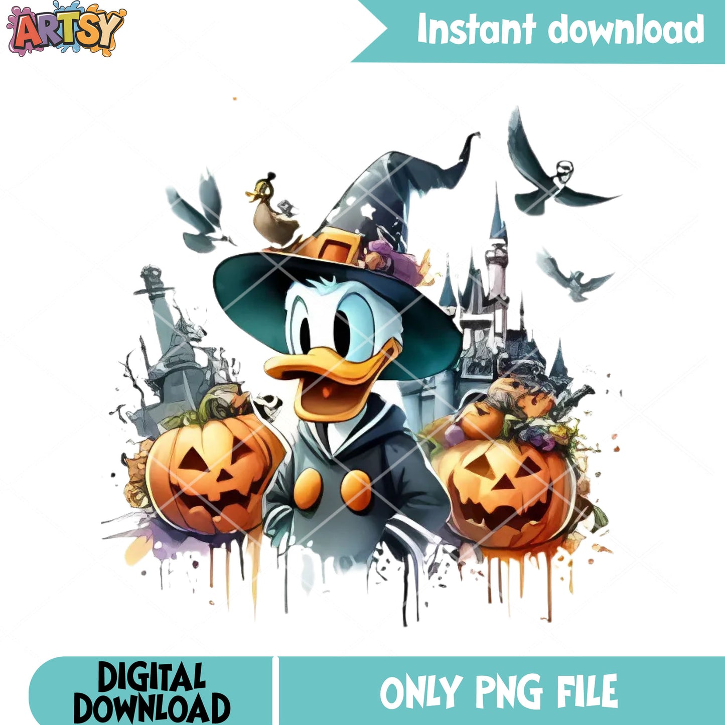 The witch donald pumpkin png, spooky castke png, disney halloween png