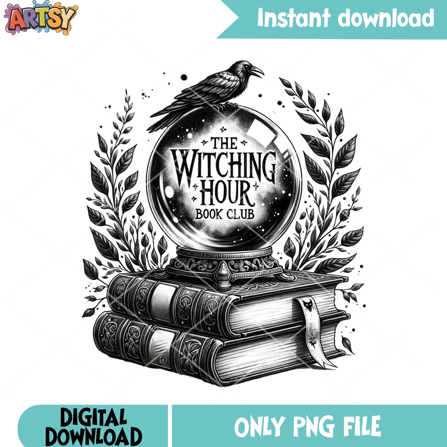 The witching hour book club png, crystal ball png scary halloween png