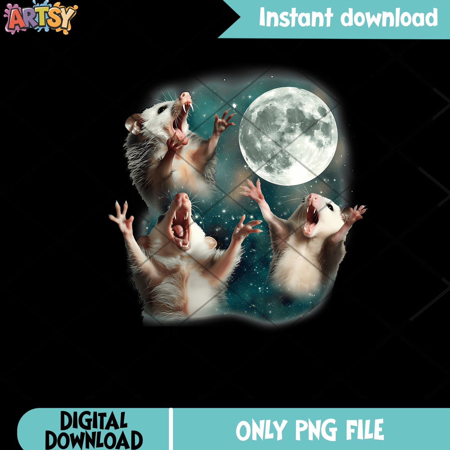 Three opossum starry night png, full moon night png, funny memes png