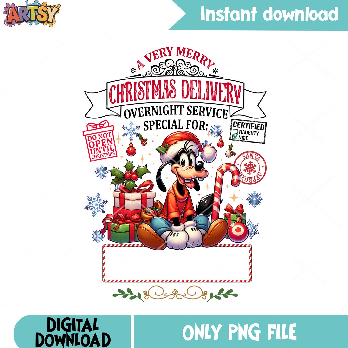 Tiny goofy christmas png, christmas gifts png, mickey and friends png
