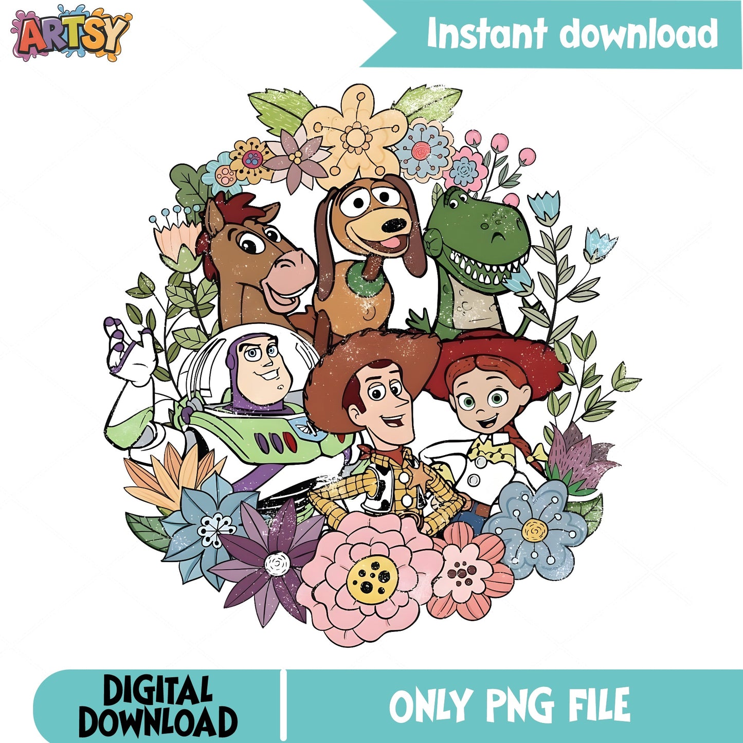 Toy Story Characters Floral PNG, Woody Buzz Lightyear PNG, Disney PNG