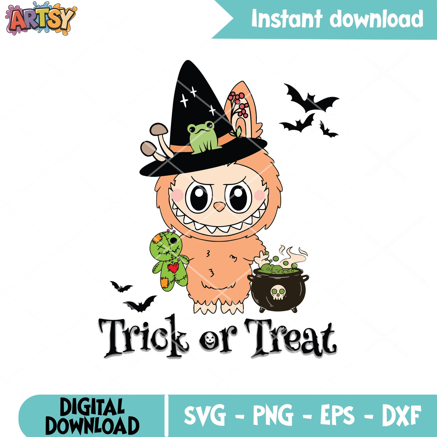 Trick or treat witch labubu design svg, labubu halloween svg