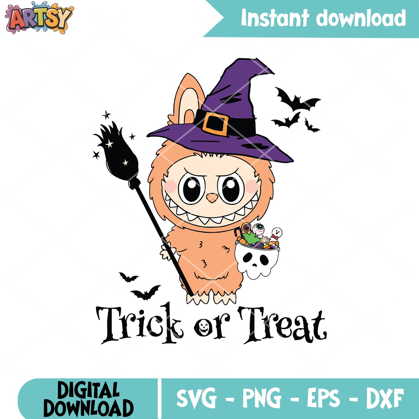 Trick or treat witch labubu file svg, labubu halloween svg
