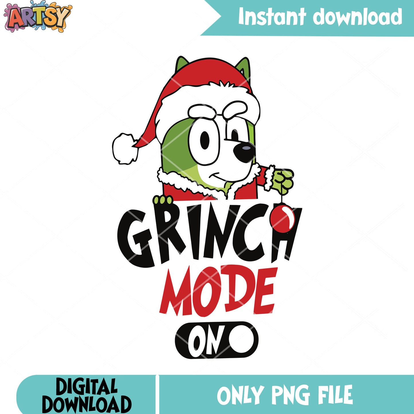 Turn on my grinchy bluey png, santa costume png, bluey movie png