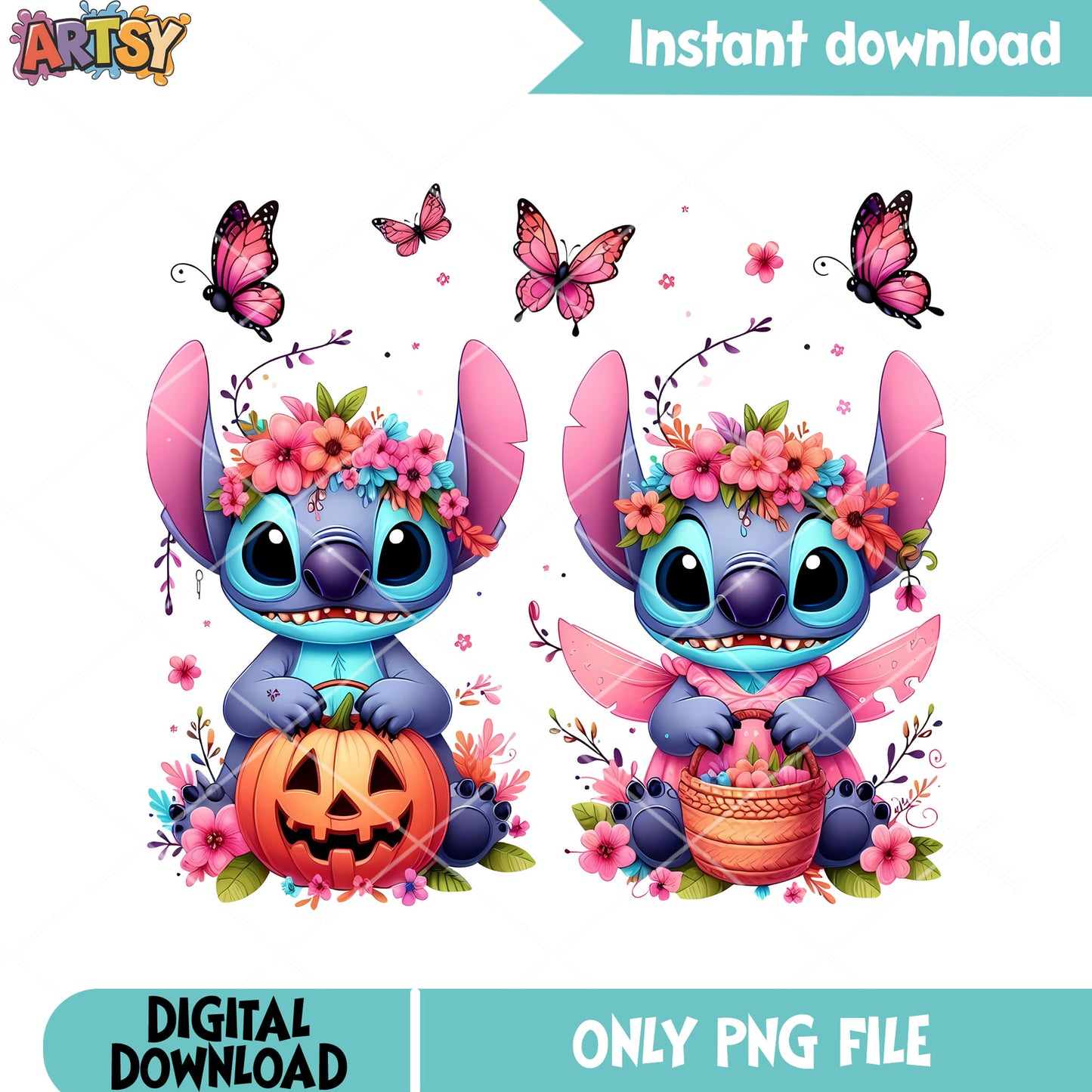 Two cute blue alien png, disney halloween png, pink garland flower png
