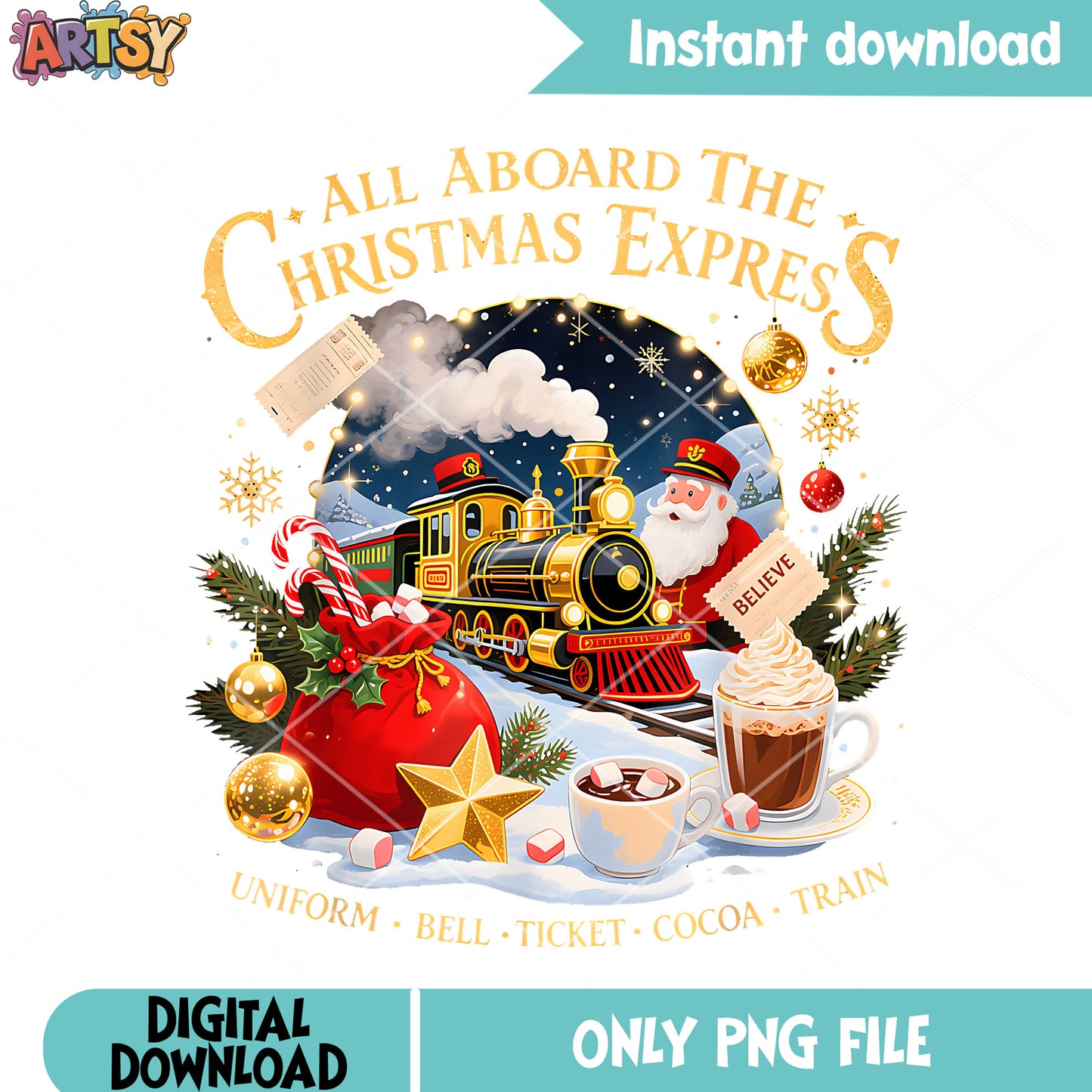 Uniform bell ticket cocoa train png, christmas png, hot chocolate png