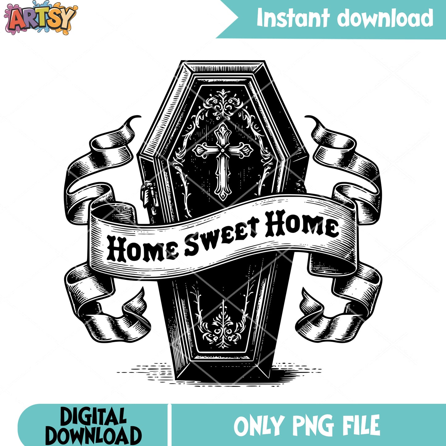 Vampire coffin png, home sweet home png, halloween scary png