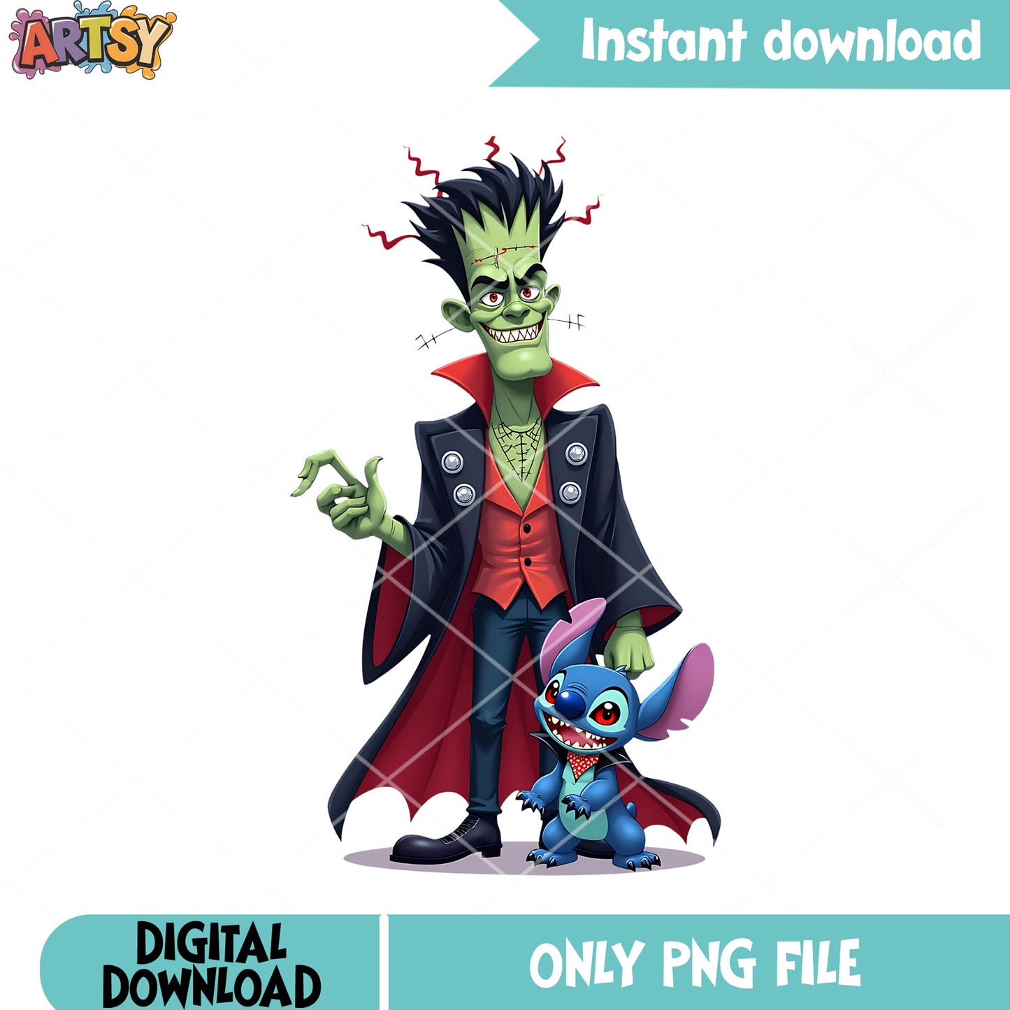 Vampire costume stitch png, frankenstein png, spooky halloween png