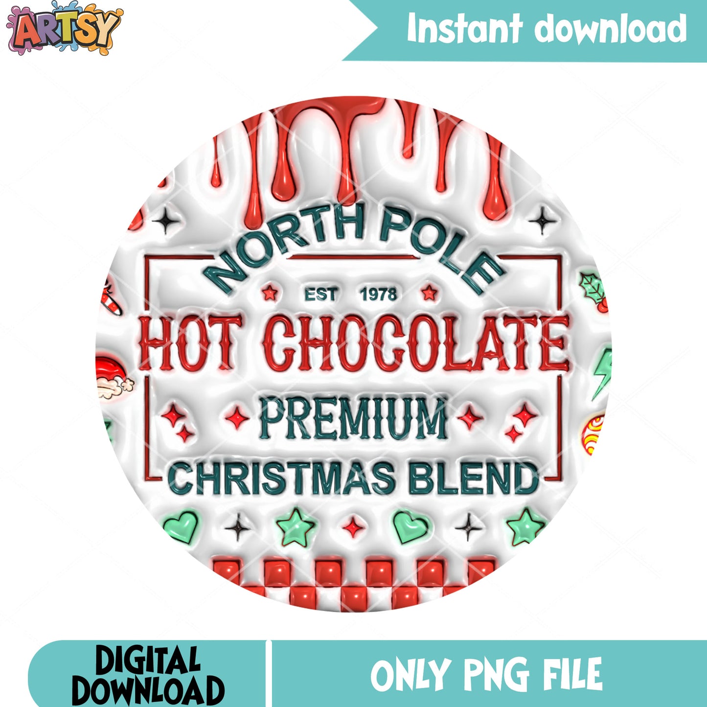 Vintage christmas hot cocoa label png, bubble effect png, red drip png