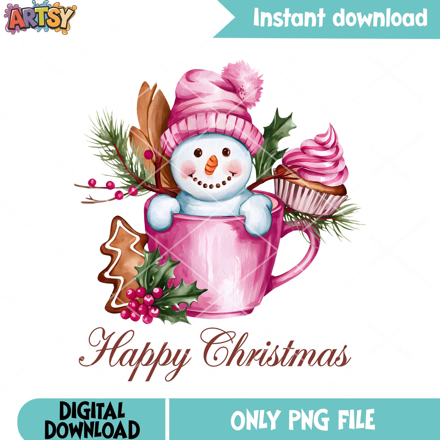 Vintage retro 90s christmas png, snowman png, christmas coffee png