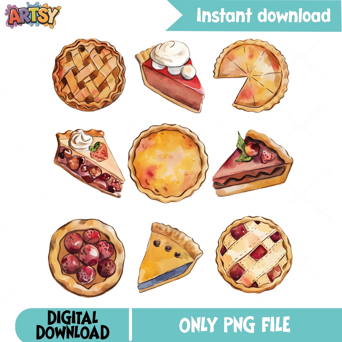 Watercolor Pie Clipart PNG Bundle, Baking Dessert PNG, Food PNG