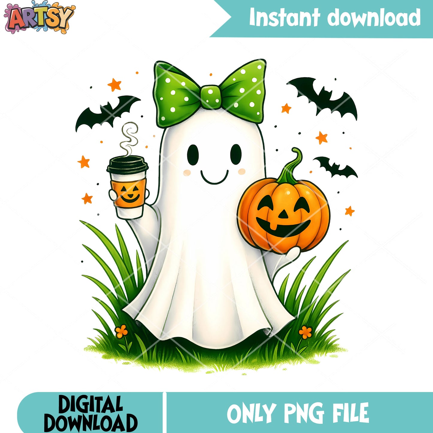 Wicker pumpkin ghost png, green bow tie png, halloween scary png