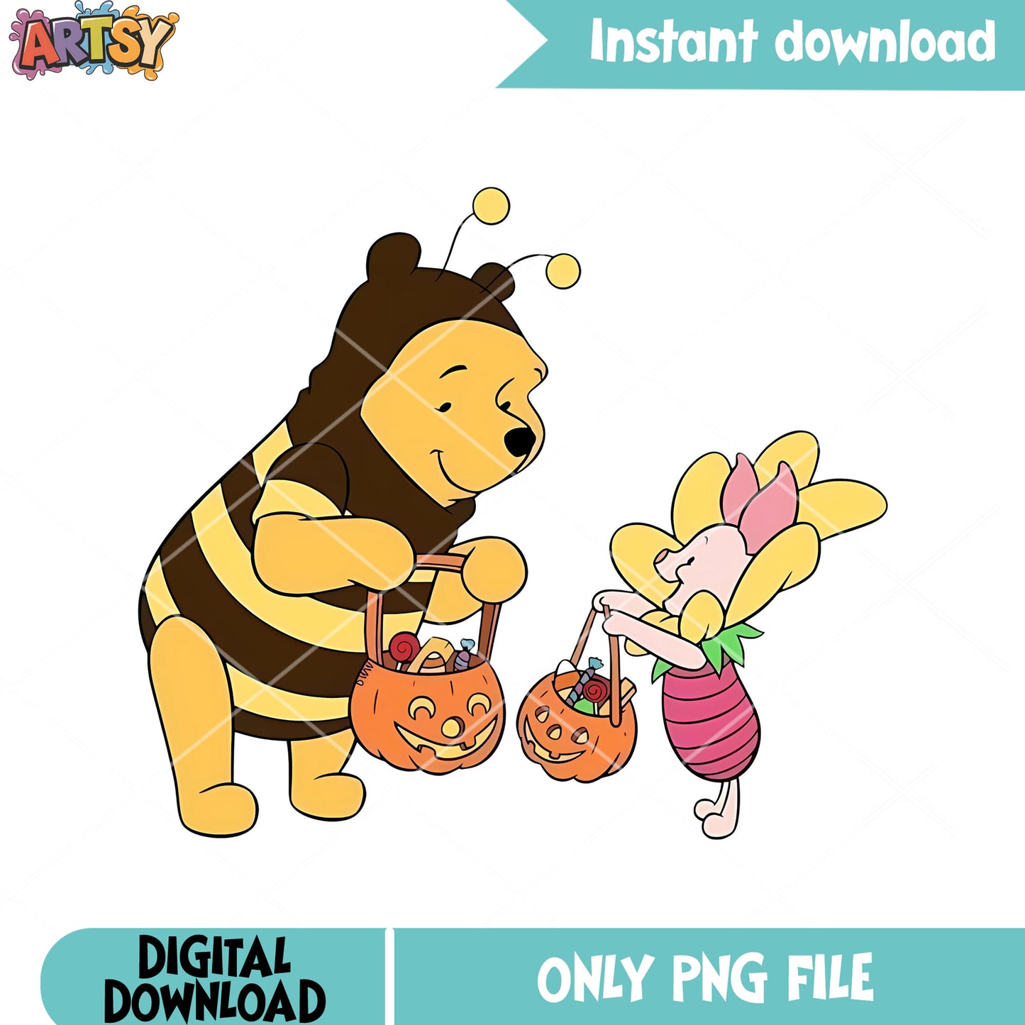 Wicker pumpkin pooh and flower png, disney halloween png, Bee costume png