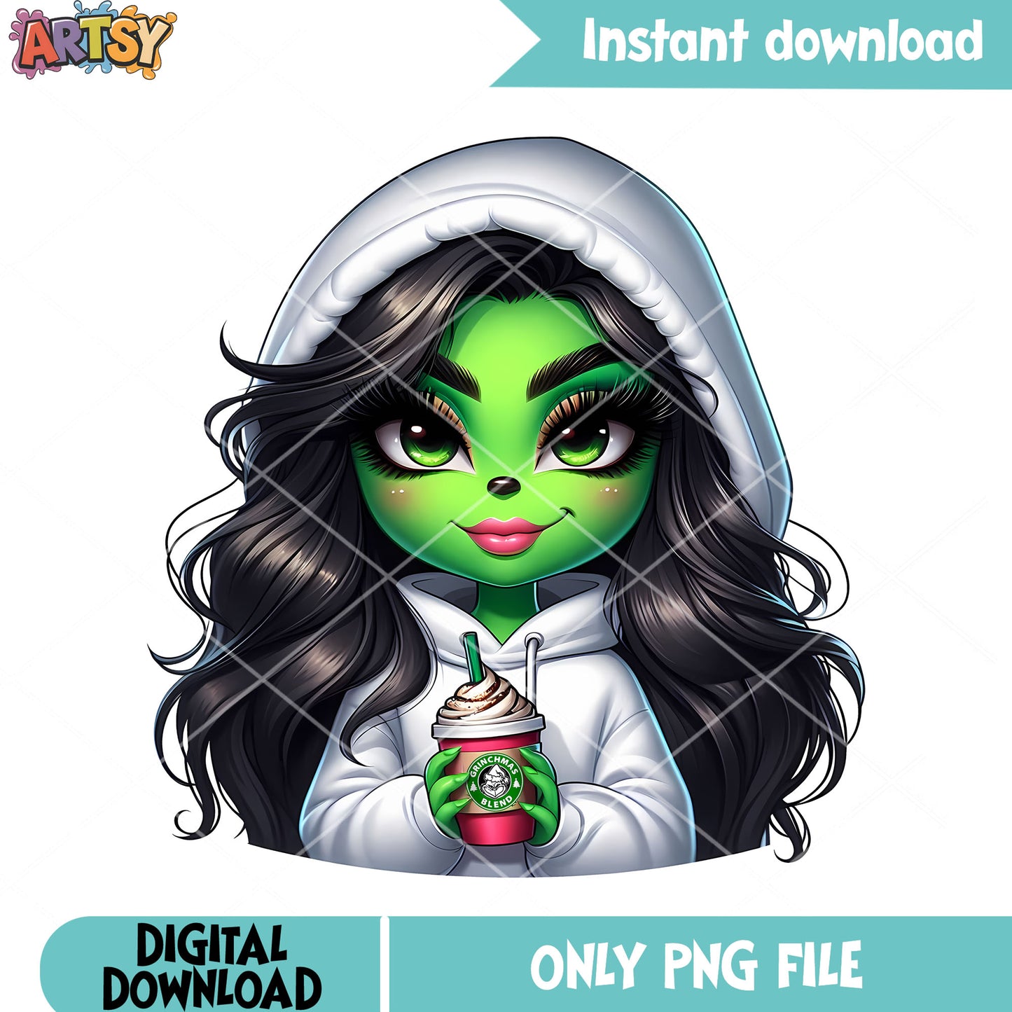 Winter vibes season girl png, christmas coffee png, the grinch png